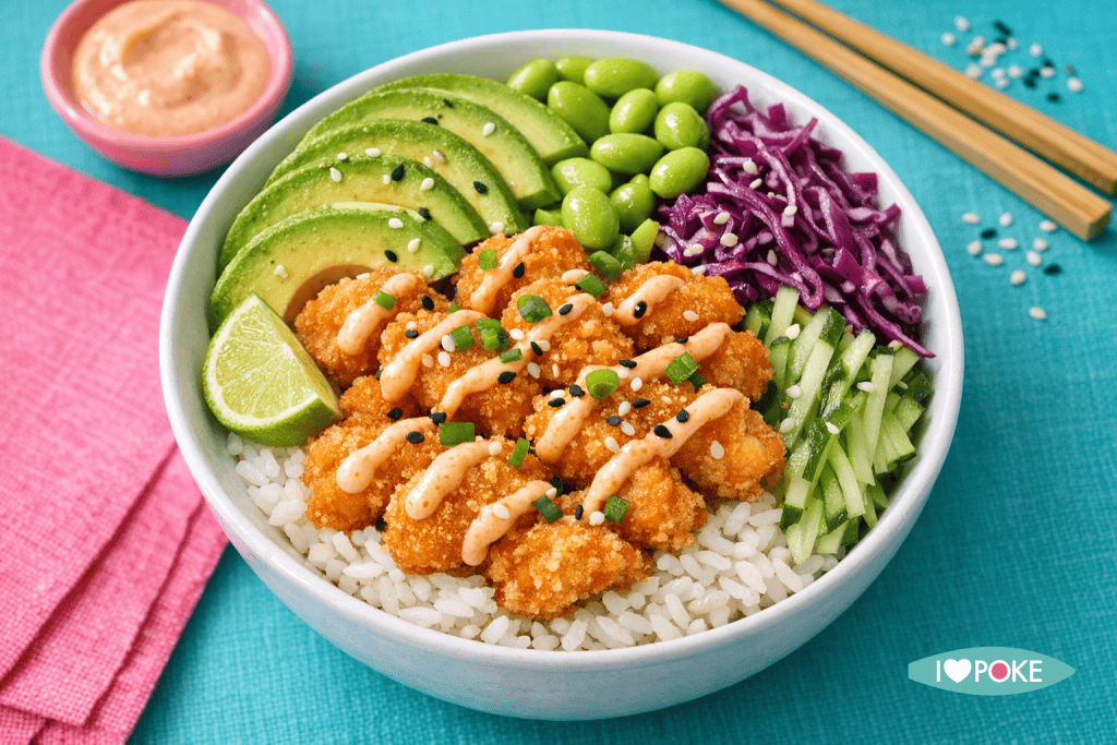 Poke bowl avec poulet croustillant, avocat, edamame, chou violet et concombres, avec sauce spéciale. Parfait pour un repas savoureux et sain, idéal pour les amateurs de poke.