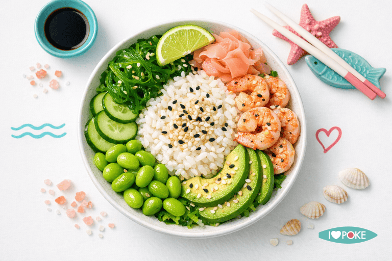 Poke bowl con gamberi, wakame, avocado, cetrioli e riso bianco, ideale per un pasto fresco e bilanciato. Perfetto per gli amanti della cucina giapponese e dei sapori leggeri.