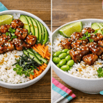 Poke bowl con pollo teriyaki, avocado, edamame e riso, perfetto per una ricetta fresca e saporita. Ideale per un pasto leggero e gustoso, ricco di ingredienti salutari e sapori autentici.