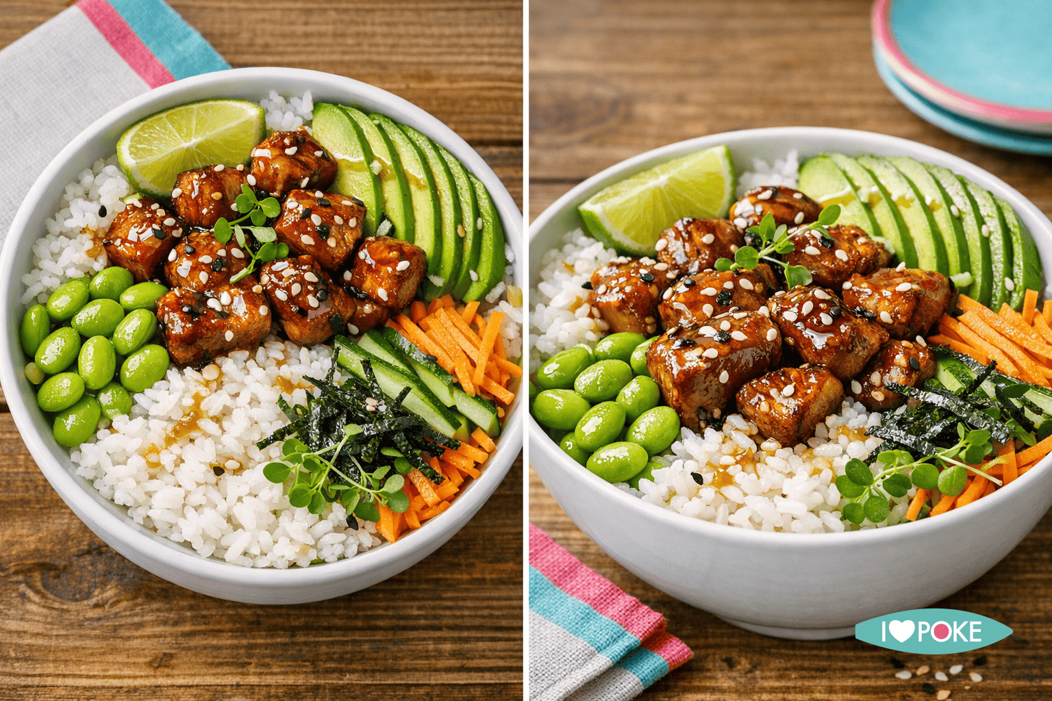 Poke bowl con pollo teriyaki, avocado, edamame e riso, perfetto per una ricetta fresca e saporita. Ideale per un pasto leggero e gustoso, ricco di ingredienti salutari e sapori autentici.