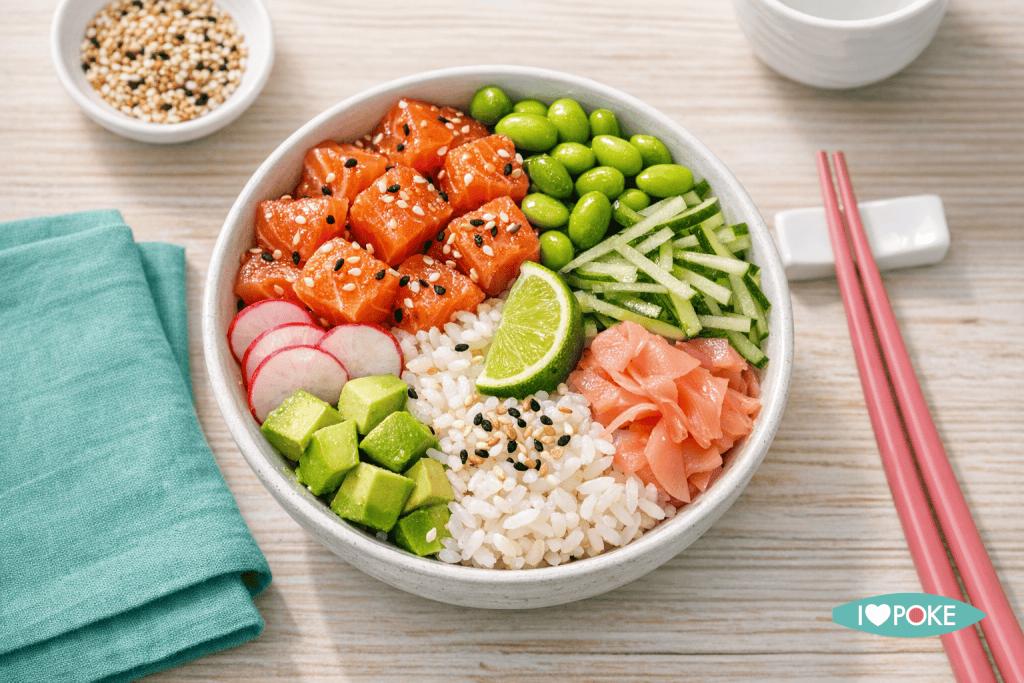 Poke bowl con salmone, avocado, riso, cetrioli, lime e zenzero, perfetto per una ricetta fresca e salutare. Ideale per gli amanti della cucina giapponese e delle poke bowls.