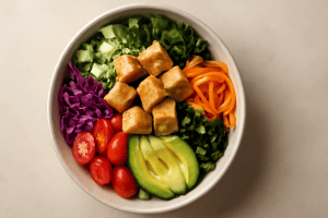 Vegan poke bowl with tofu, avocado, cherry tomatoes, cucumbers, purple cabbage, and fresh salad, ideal for a light and nutritious meal. Perfect for those looking for healthy and tasty combinations.