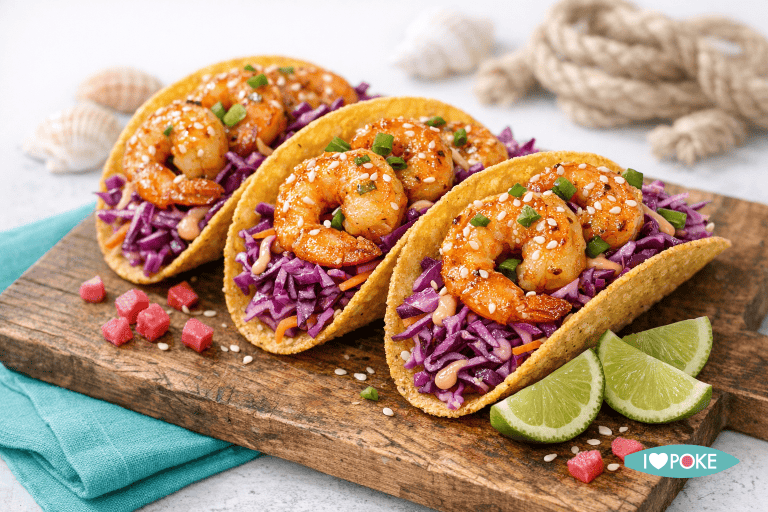 Tacos croccanti con gamberi speziati, cavolo rosso e lime, perfetti per un pasto gustoso e fresco. Ideali per gli amanti della cucina messicana e dei sapori intensi.