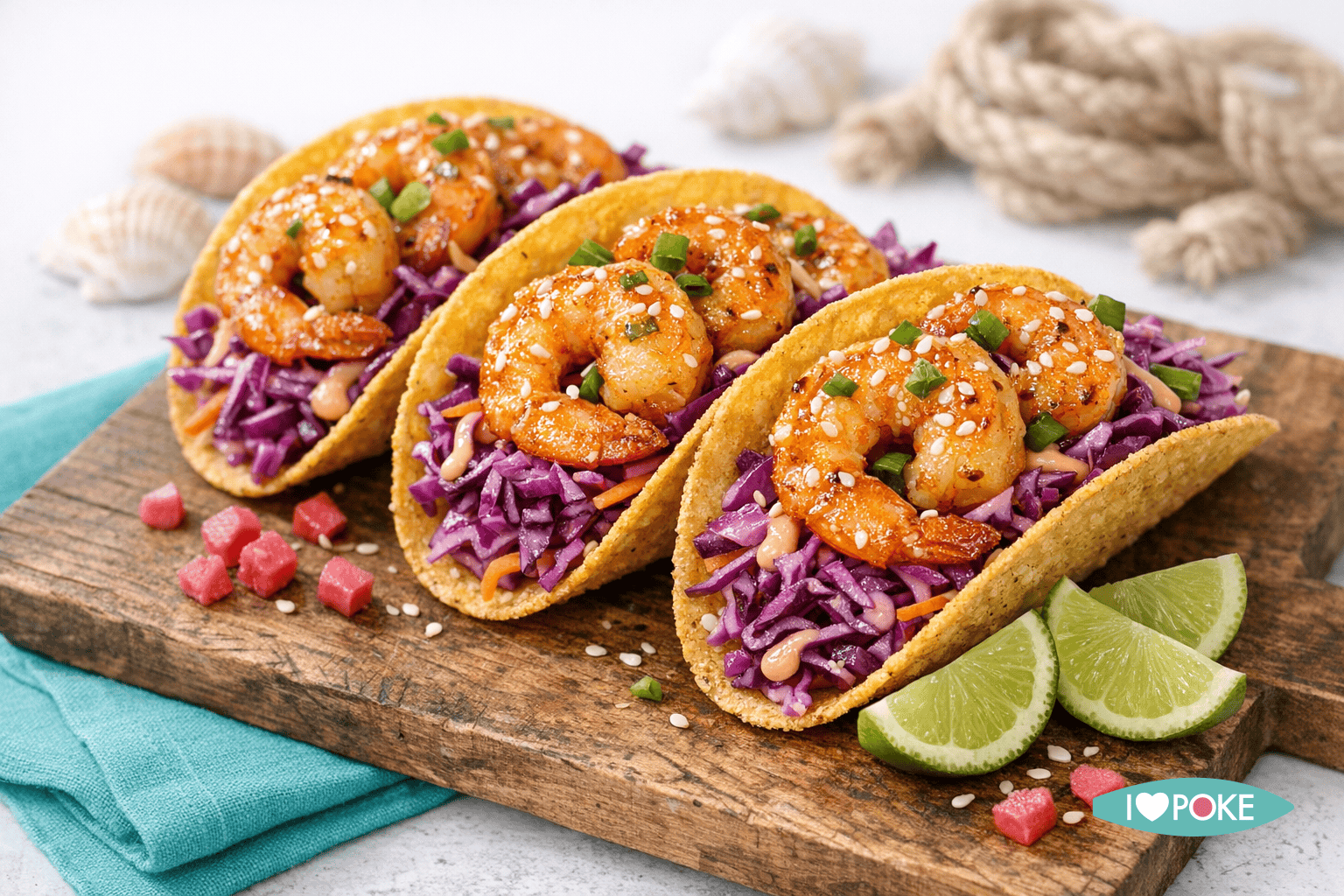 Tacos croccanti con gamberi speziati, cavolo rosso e lime, perfetti per un pasto gustoso e fresco. Ideali per gli amanti della cucina messicana e dei sapori intensi.