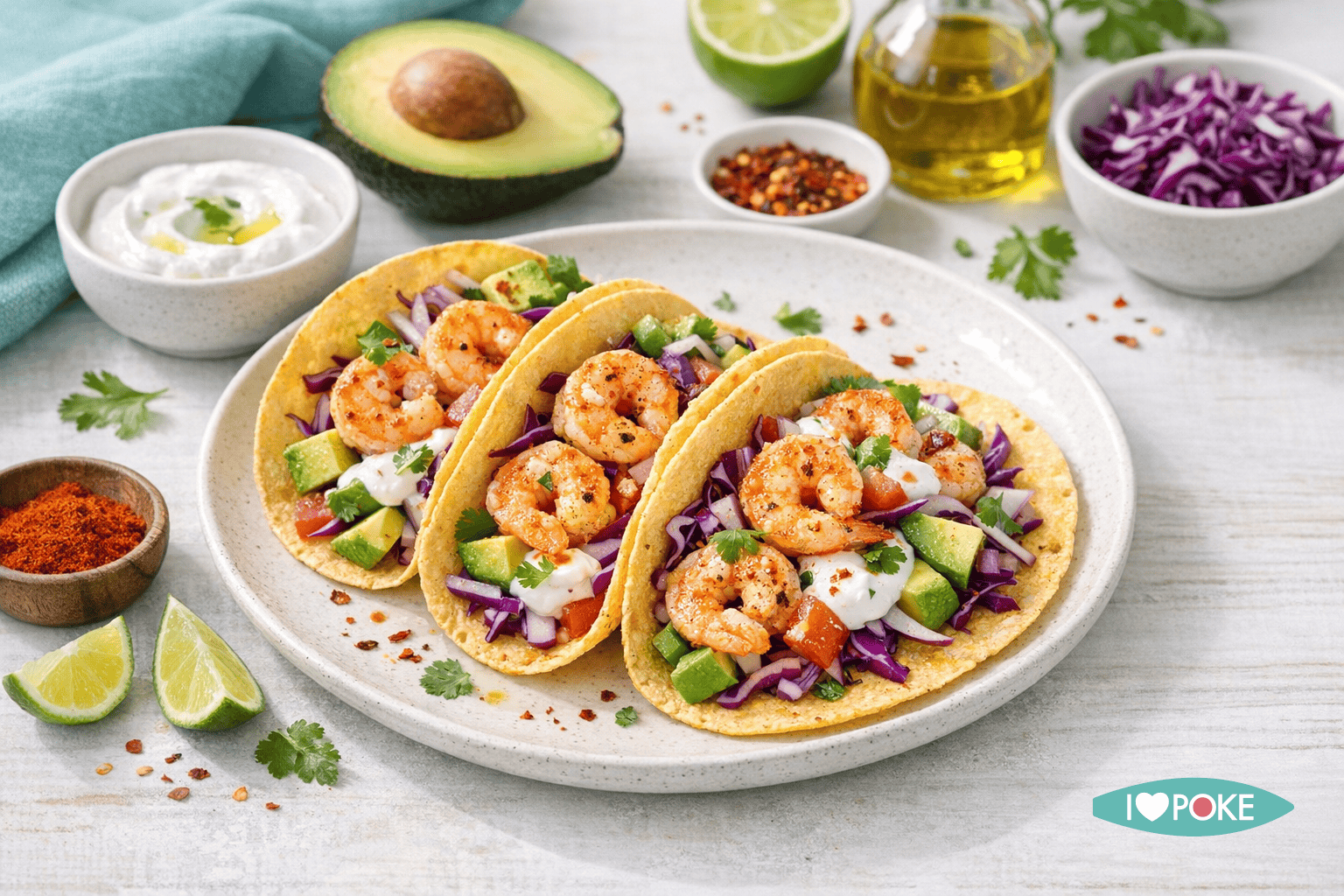 Tacos salutari con gamberi, avocado, cavolo viola e salsa fresca, ideali per una dieta equilibrata e gustosa. Perfetti per un pasto leggero e ricco di sapori autentici.