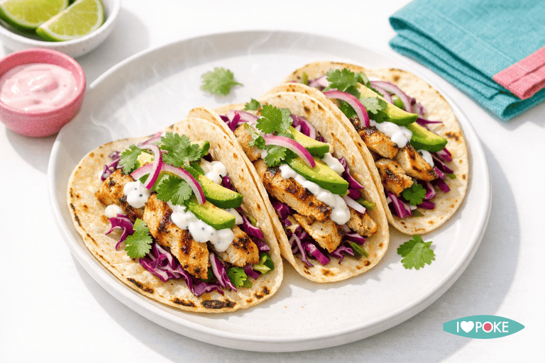 Tacos di pollo allo yogurt e avocado con verdure fresche, perfetti per un pasto sano e gustoso. Ideali per una dieta equilibrata e ricca di sapori autentici.