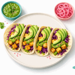 Tacos vegani con tofu croccante, avocado e salsa verde fresca, perfetti per un pasto salutare e gustoso. Ideali per chi cerca opzioni vegane e ricche di sapore.