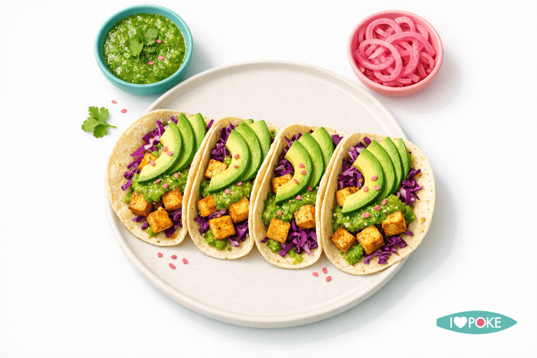 Tacos vegani con tofu croccante, avocado e salsa verde fresca, perfetti per un pasto salutare e gustoso. Ideali per chi cerca opzioni vegane e ricche di sapore.