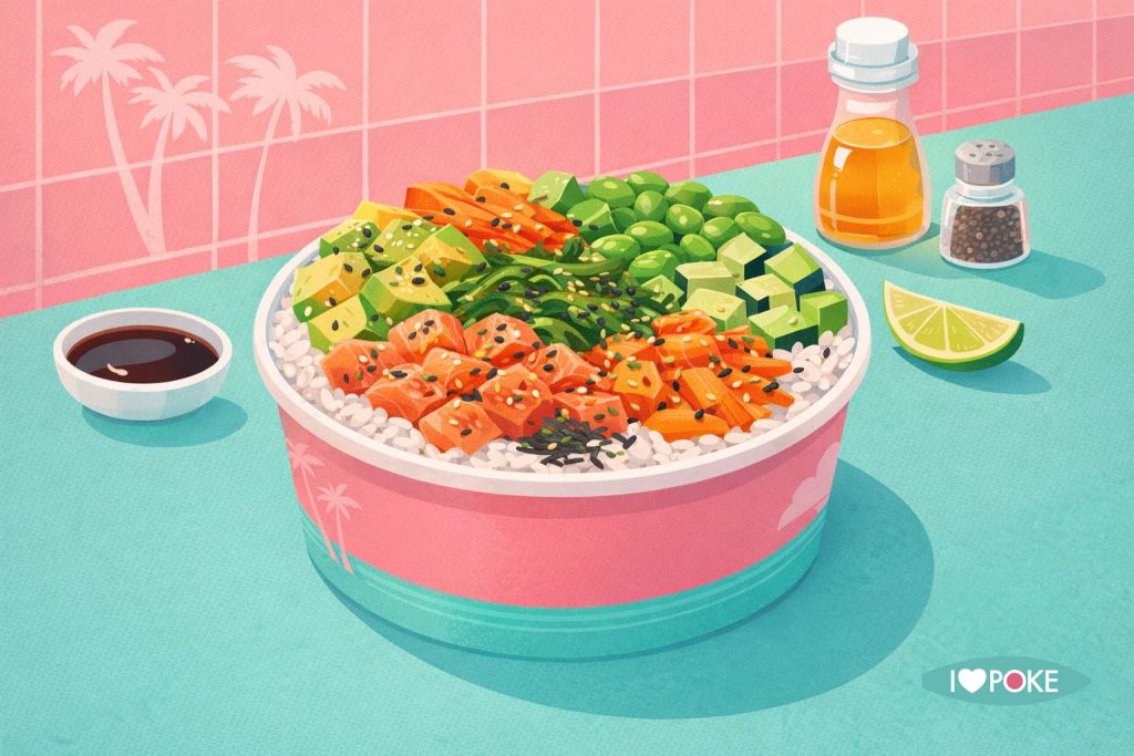 Poke bowl senza lattosio con salmone e avocado